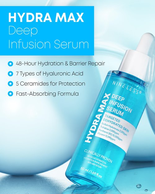 NINELESS HYDRA-MAX Deep Infusion Serum –48hr Korean Hydrating Face Serum with Hyaluronic Acid, Panthenol - 5 Ceramides -Deep Moisture, Fast Absorbing, All Skin Types, 1.69 fl.oz.