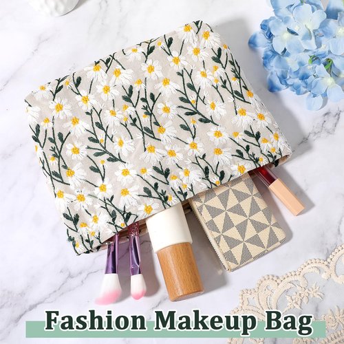 YBEATY Large Makeup Bags Travel Capacity Canvas Make Up Organizer Cute Daisy Purse Cosmetic Pouch Toiletry Brushes Zipper Storage Tool for Women Girls Teen (White)