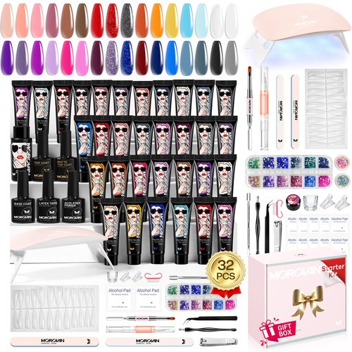 Morovan Poly Gel Nail Kit: Extension Gel Nail Kit With Nail Lamp Slip Solution Complete Professional Manicure Tools Everything In One Box DIY Set For Beginners At Home Creative Nail Art Salon Quality