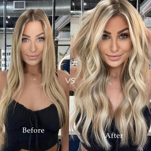 Sew in Hair Extensions Real Human Hair Ash Blonde Balayage Blonde Hand Tied Weft Hair Extensions Human Hair Bundles 14 Inch 80G Sew in Weft Hair Extensions Human Hair Weave Sew in Weft Extensions