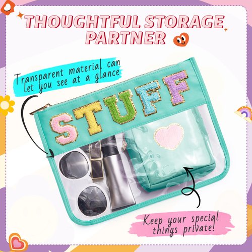 BAGMIND Preppy Patch Stuff Bag for Travel, 2 PCS Chenille Letter Clear Sunscreen Bag, PU Waterproof Beach Snack Makeup Cosmetic Bag Pouch, Gift for Women Girls