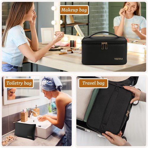 YEEYAA Travel Makeup Bag Toiletry Bag Waterproof Large Capacity Cosmetic Bags for Women Portable Make up Organizer Pouch With Divider Vegan Leather 2PCS Gifts for Mother Girls Black