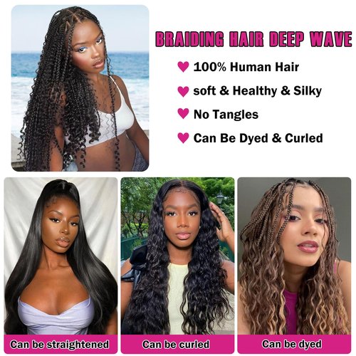 Human Braiding Hair for Boho Braids 110g 20 Inch 12A Curly Boho Hair for Braiding Knotless Deep Wave Bulk Wet and Wavy Bohemian No Weft 3 Bundles/Pack Natural Black