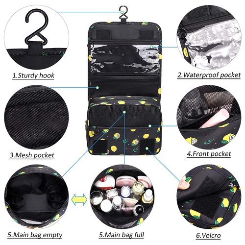 SxoSyo Premium Toiletry Bag for Women Hanging Makeup Organizer Travel Bag for Toiletries Cosmetic Bags Waterproof Shower Bathroom Bag with Hook (Yellow lemon)