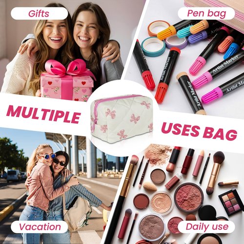 Small Makeup Bag Travel Cosmetic Bag for Women Girls, Zipper Floral Make Up Pouch, Aesthetic Organizer Bag, Quilted Cotton Makeup Bags, Portable Storage Toiletry Cloth Bag(White Pink Butterfly Flower)