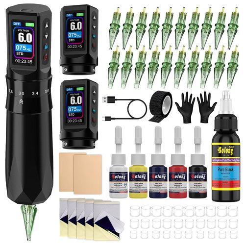 Tattoo Gun Kit Tattoo Machine 7 Strokes Length Kit with 2 * 1600mAh Batteries，20PCS Pro Tattoo Cartridge Needles, Complete Tattoo Set Black EF-TKE751A-1
