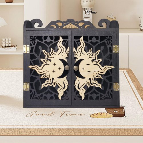 FNYDOX Large Crystal Display Shelf Case for Stones, Carved Sun Crescent Moon Shelf, Trinket Shelf Nail Polish Rack Crystal Holder Essential Oil Storage Rock Cabinet Gem Stone Organizer