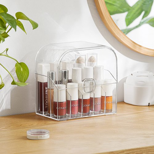 MORNITE Cosmetic Organizer Storage, Lipstick Organizer with Lid, Lipsticks Dresser Holder Box Case Countertop Makeup Tray, Clear