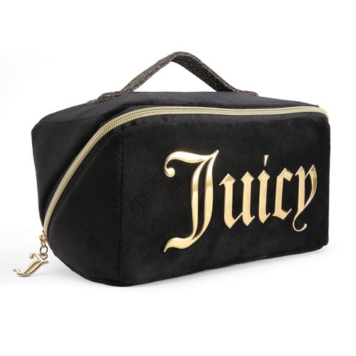 Juicy Couture Black Makeup Bag Cosmetics Organizer Travel Essentials Diagonal Loaf Velour Large Logo