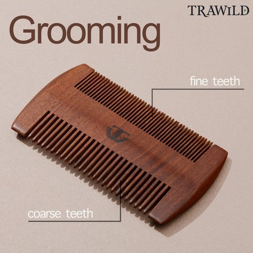 Premium Sandalwood Beard Comb with Mother of Pearl Decoration and Black Case - Traditional Craft Work & The Lux Edition for the Perfect Beard & Mustache Grooming and Gift for Men - TRAWILD (MARK)