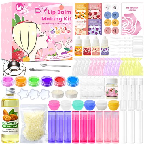WhizToys DIY Lip Balm Making Kit Teen Girl Gifts Trendy Stuff Make Your Own Lip Gloss Set with Natural Beeswax, Shea Butter,Sweet Almond Oil,24 PCS Lip Blam Containers