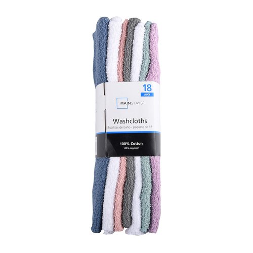 Mainstay MAIN STAYS 18 Pack Assorted Cotton Terry Thin Washcloths Rags (Yellow, White, Lime, Violet)