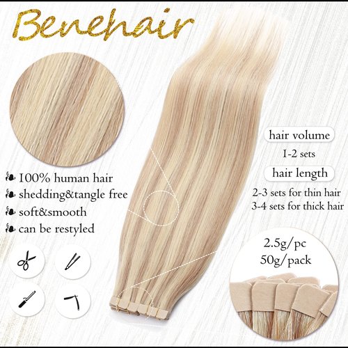 Benehair Tape in Hair Extensions Human Hair Balayage Ash Blonde Highlighted Bleach Blonde 20pcs 40g/pack Straight Hair Extensions Seamless Skin Weft Tape in Natural Hair (14", 18P613)