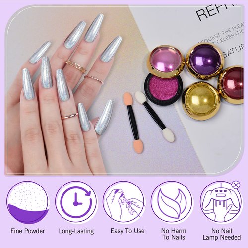 SAVILAND Chrome Nail Powder Set: 24 Colors Metallic Mirror Effect Iridescent Chrome Powder for Gel Polish Holographic Chameleon Nail Art Decoration Glitter Pigment Dust DIY Manicure Kit Home Salon Use