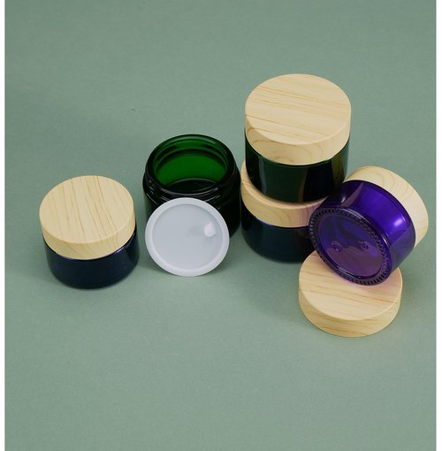 4Pack 50g Green Glass Cosmetic Cream Jars, Empty Sample Jars Containers Pot with Wood Grain Lids for Lotion, Lip Balm, Eye Cream, Scrubs, Oils, Salves, Ointments