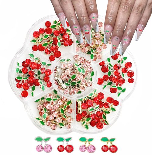 80PCS Cherry Nail Charms 3D Slime Charms for Nail Rhinestones Nail Art Shiny Gems Nail Studs Cute Fruit Nail Diamond Crystal Luxury DIY Nail Accessories(Style 6)