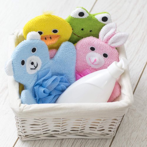 Made Easy Kit Hand Puppet Bath Wash Mitt Towel with Animal Designs with Loofahs for Fun Interactive Bathing Time (Green Yellow Pink Blue)