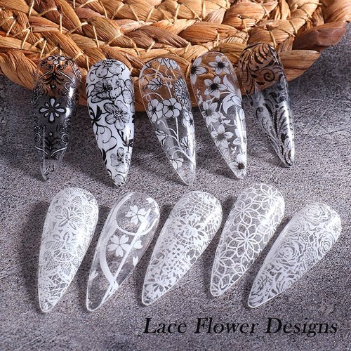 JERCLITY 10 Rolls Lace Flower Nail Foil Transfer Sticker Black White Flower Pattern Nail Foil Sheets Lace Flowers Transfer Stickers