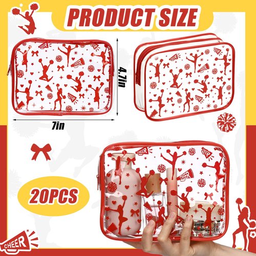 Shinylin 20 Pcs Cheer PVC Makeup Bag Cheer Teams Gifts Clear Makeup Case Cheerleader Teams Gifts Toiletry Zipper Pouch for Cheerleading Teammates Party Supplies,7.9 x 5.9 x 2.4''(Red)