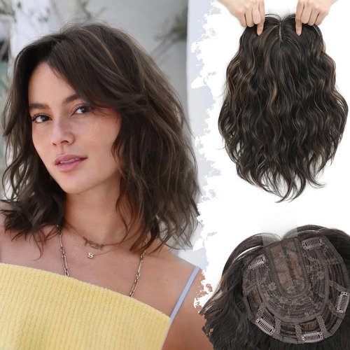 UDU Short Wavy Hair Topper for Women, 11Inch Lightweight & Breathable Synthetic Wiglet for Volume and Gray Hair Coverage, Heat Resistant Natural Hairpiece for Summer Look