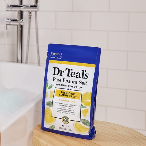 Dr Teal's Pure Epsom Magnesium Salt Soak, Prebiotic Lemon Balm & Essential Oil, 3 lbs (Pack of 4)