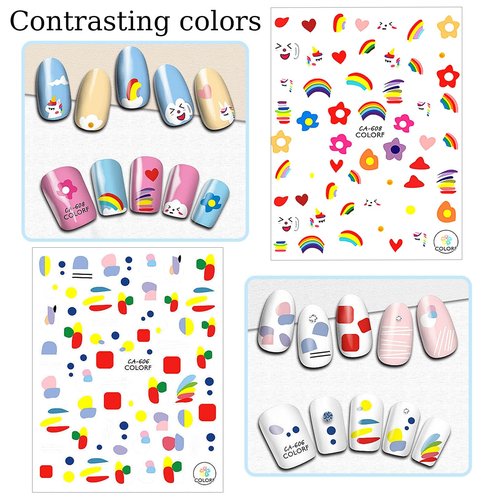 WAFOLOZE 8 Sheets Geometry Summer Nail Stickers for Girls,Fruits Nail Decals 3D Self-Adhesive Kids Flower Nail Stickers Little Rainbow Design Holiday Decals for Women