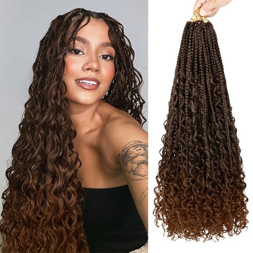 Boho Box Braids Crochet Hair-24 Inch Boho Braids Crochet Hair Pre Looped, 8PK Boho Crochet Braids with Curly Ends Bohemian Crochet Braids for Black Women