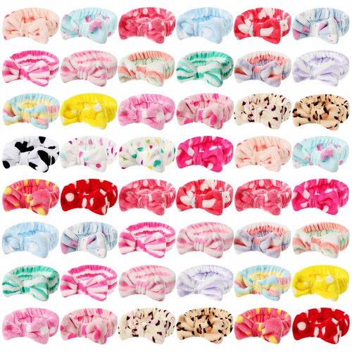 Tigeen 48 Pieces Spa Headband Bulk, Headband for Washing Face, Coral Fleece Bow Hair Band, Skincare Hair Band for Women Shower Cosmetic Facial Makeup Mask, 24 Styles