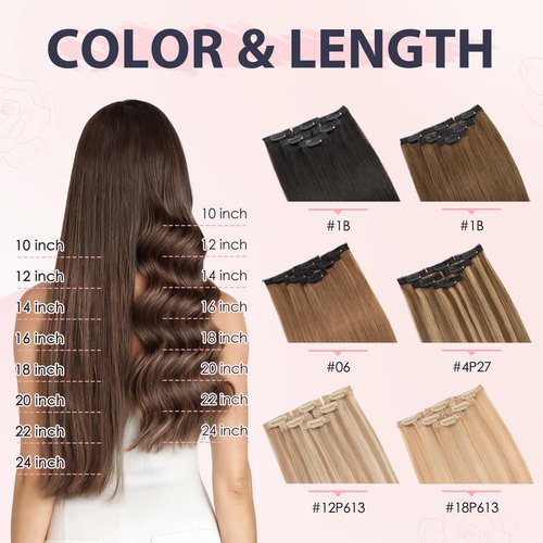TESS Clip in Hair Extensions Human Hair with Single Clip Lace Weft Straight Highlight Add Volume 6 Pcs 6 Clips, 16 Inch, Chocolate Brown