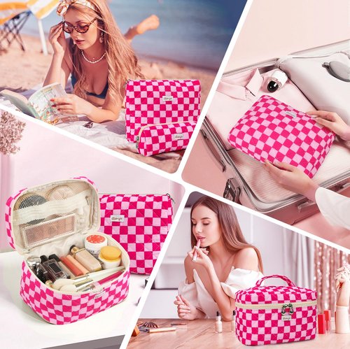 Globright 3 Pieces Makeup Bag Large Quilted Cosmetic Bag, Cotton Make Up Bag Travel Toiletry Bag for Mom Girlfriend Wife Women (Red)