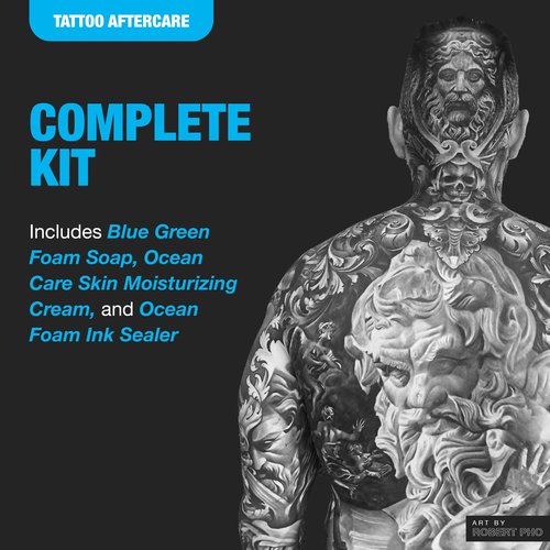 H2Ocean Ultimate Tattoo Aftercare Kit – Complete 3 Step Water-Based Skincare Regimen for Faster Tattoo Healing – Blue Green Foam Soap (1.7 oz), Ocean Care Cream (2.5 oz) & Ocean Foam Moisturizer(2 oz)