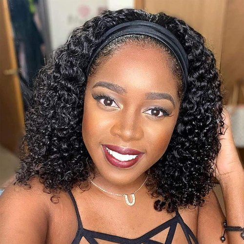 Unvizossa Headband Wig Human Hair Deep Wave None Lace Front Wigs Human Hair Curly Headband Wigs for Black Women 150% Density Natural Color 14 Inch