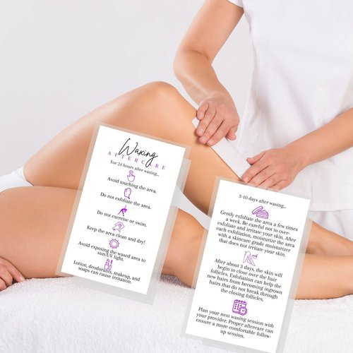 Boutique Marketing LLC Waxing Aftercare Cards | 50 Pack | Size 2 x 3.5” inches Business Card Size | Hair Removal Aftercare Kit | White with Purple Design