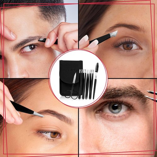 NazQat 6 Pcs Tweezers Set for Women Facial Hair, Professional Eyebrow Kit, 4x Precision Tweezers for Eyebrows with Scissors and Grooming Brush - Eyebrows Hair Pluckers with Leather Travel Case