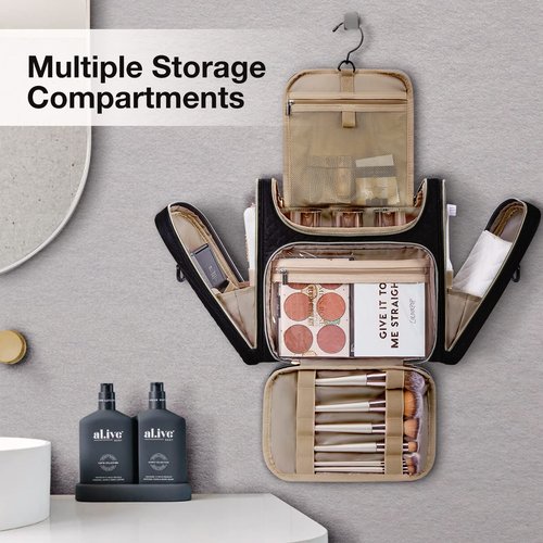 BAGSMART Toiletry Bag, Travel Toiletry Bag for Women, Water-resistant Cosmetic Makeup Bag, Large Capacity Door Room Essentials Travel Organizer for Full Sized Toiletries and Cosmetics, Black