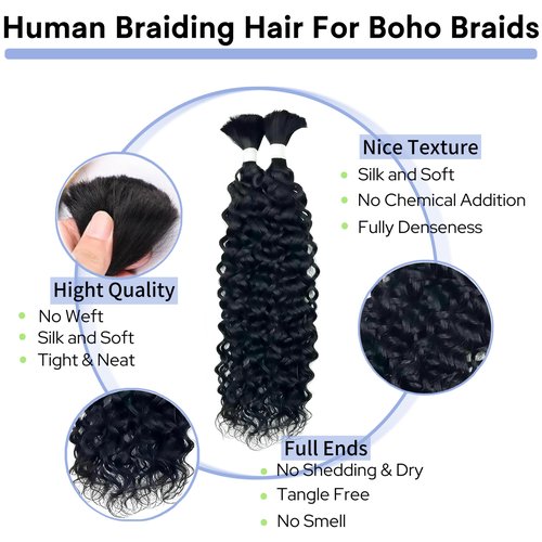 Human Braiding Hair for Boho Braids 18inch 100% human hair Water Wave Bulk Braiding Knotless No Weft Curly Bundles Human Hair Wet and Wavy Micro Hair Extensions Bulk 2 Bundles 100g hair Natural Color