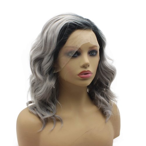 iwonawig Iewig Shoulder Length Wavy Dark Root Ombre Grey Lace Front Synthetic Party Wig