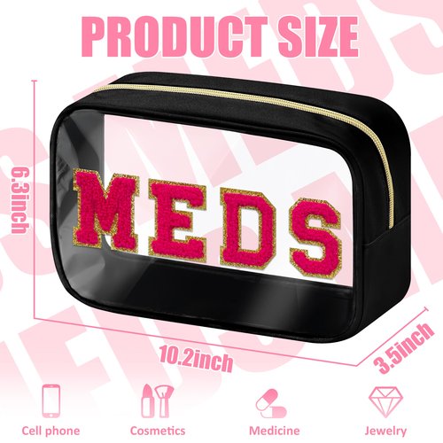 BuyCard Clear Meds Chenille Letter Nylon Makeup Bag - Portable Preppy Patch Cosmetic Toiletry Travel Storage Medicine Bag With Zipper for Women Girls Black