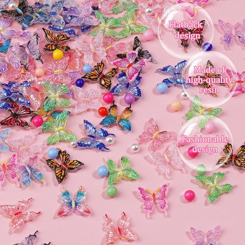 100Pcs Butterfly Nail Charms with 200Pcs Pearls, Colorful 3D Resin Nail Butterfly Charms, White & Macaron Rhinestones for Nail Art, DIY Crafts, Spring Summer Manicure Decoration for Women Girls
