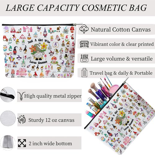 Odebyata Cute Gnome Makeup Bag, Gnome Themed Cosmetic Bag for Gnome Lovers, Adorable Gift Toiletry Pouch Organizer Bag for Daughter Besties Mom Grandma Girl Women Girlfriends Birthday Gift (Gnomes)