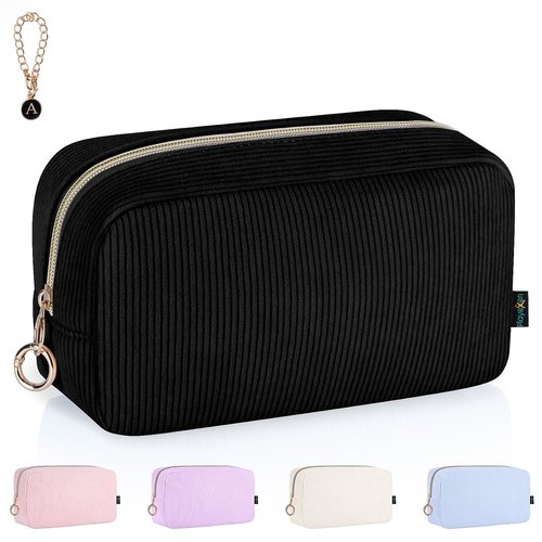 Playexen 9.9" Large Makeup Bag, Corduroy Cosmetics Bag for Purse with Ring Buckle, Small Travel Organizer Toiletry Pouch for Women (Black)