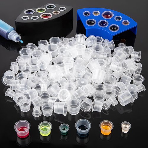 Tattoo Ink Caps Kit, 500 PCS SML Mixed Size Tattoo Ink Cups with 2 Ink Cap Holders, Disposable Plastic Pigment Caps for Tattooing Set Tatoo Supplies Accessories