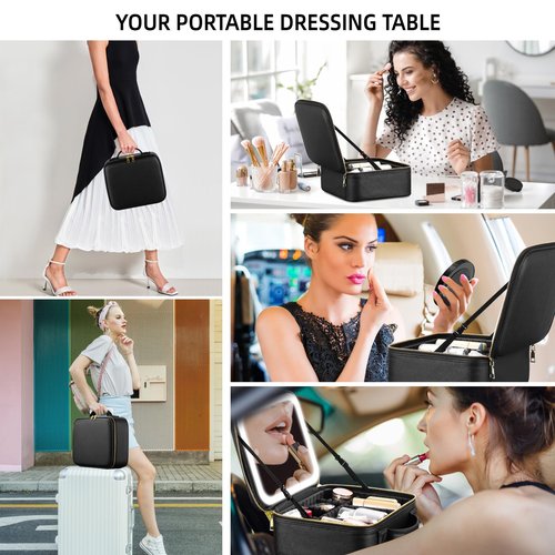 RRtide Travel Makeup Bag with Mirror of LED Lighted, Makeup Train Case with Adjustable Dividers, Makeup Case with Mirror and Detachable 10x Magnifying Mirror