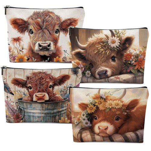 XFN 4 PCs Cow Gifts Cow Print Stuff Makeup Bag, Farm Animals Cosmetic Bag Western Stuff Travel Pouch, Turtle Gifts for Women Farm Girls Daughter Sisters Friends Friendship Graduation Birthday Gift