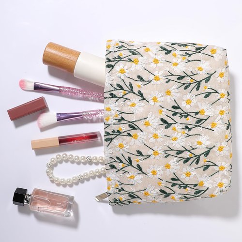 YBEATY Large Makeup Bags Travel Capacity Canvas Make Up Organizer Cute Daisy Purse Cosmetic Pouch Toiletry Brushes Zipper Storage Tool for Women Girls Teen (White)