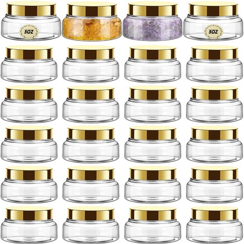 Tessco 24 Pack Plastic Jars with Lids Labels Empty Clear Plastic Jars Round Refillable Cosmetic Containers Body Butter Containers Bulk Sugar Scrub Bottle for Make Up(5 oz,Gold)