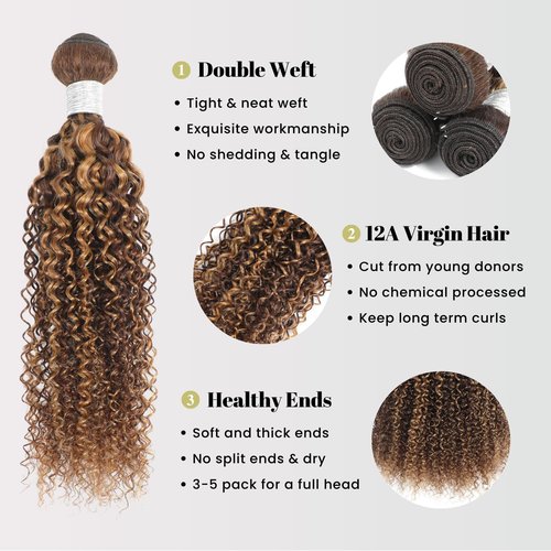 AUROO #P4/27 Highlighted Kinky Curly Single Bundles Human Hair 12Inch, 12A 100% Virgin Honey Blonde Highlight Brazilian Tight Curly Bundles Thick Track Brazilian Ombre Brown Colored Weaves Sew In Remy