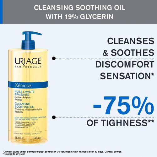 Uriage Xémose Cleansing Soothing Oil | Mild Foaming Nourishing Gel-in-oil, Face & Body, Fragrance & Soap-Free, 1 L / 34 oz