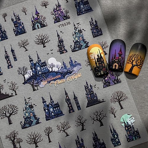 Halloween Nail Stickers for Nail Art - Terror Cabin Nail Art Sticker Halloween 5D Embossed Nail Decals Self-Adhesive Nails Supply Manicure Stickers for Nails Decoration