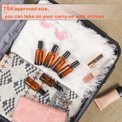RAMFIYN 6 Pack Amber Roller Bottles for Oils 30ml Refillable Roller Ball Applicator for Travel Glass Roller Bottles with Filling Tool Set and Label